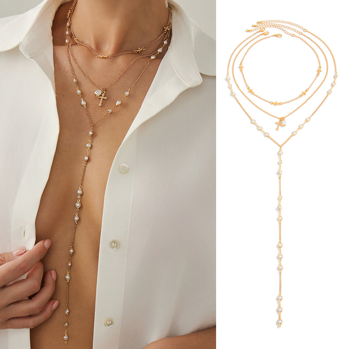 Colgante cruzado de estilo Ins con detalles de borlas en collar en Y de aleación con acabado tipo perla para mujer