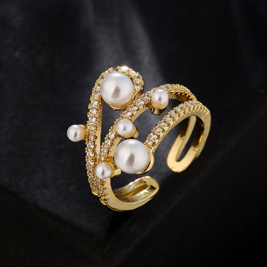 Irregular Geometric Open Ring for Women in Copper with 18K Gold Plating and Zircon Inlay and Pearl Accent