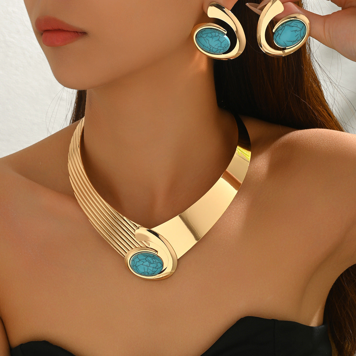 Geometric Turquoise Inlay Women's Earrings and Necklace Set in Alloy with Fashionable Commuter Style