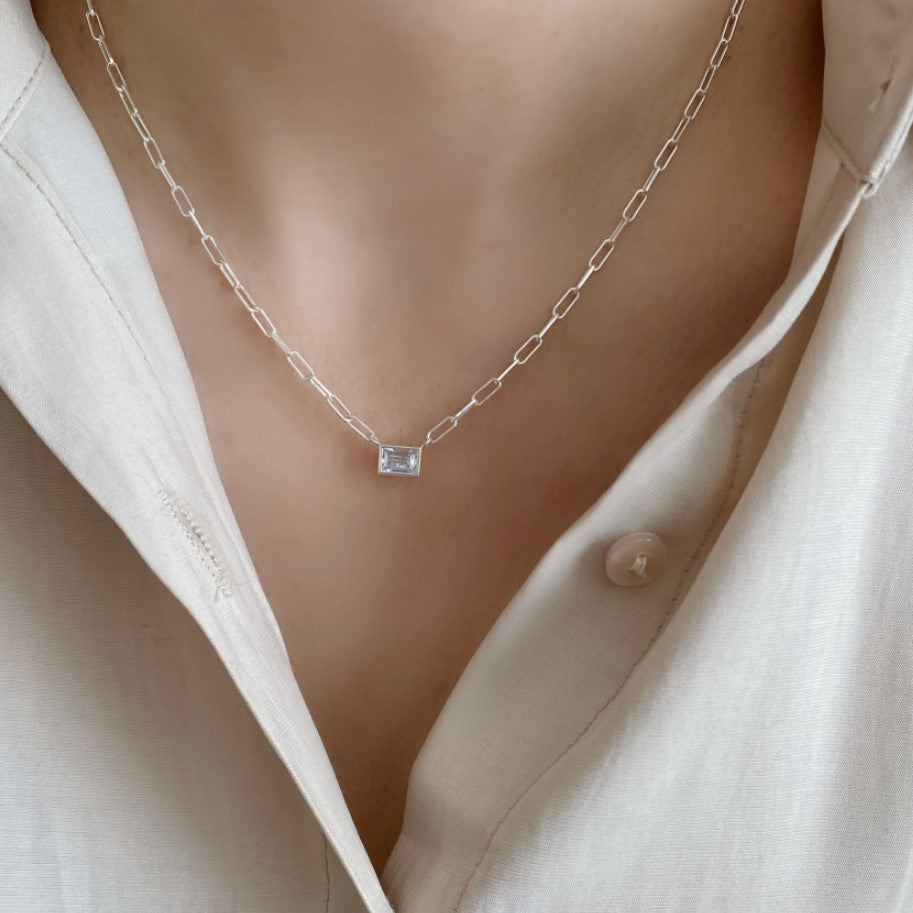Minimalist Geometric Square Pendant Necklace for Women in 925 Sterling Silver with White Rhinestones