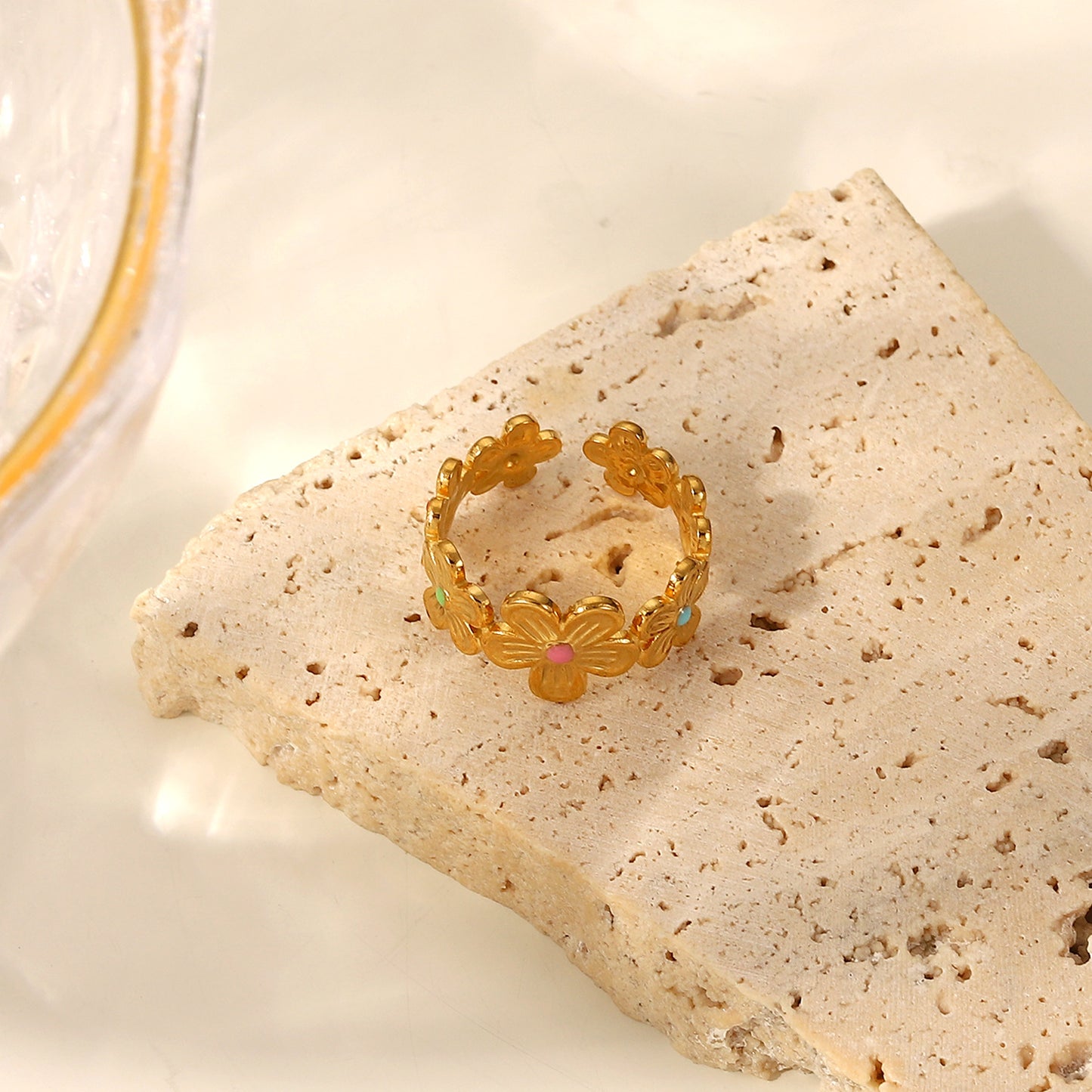 Ins Style Geometric Flower Enamel Plated 18K Gold Stainless Steel Ring for Women