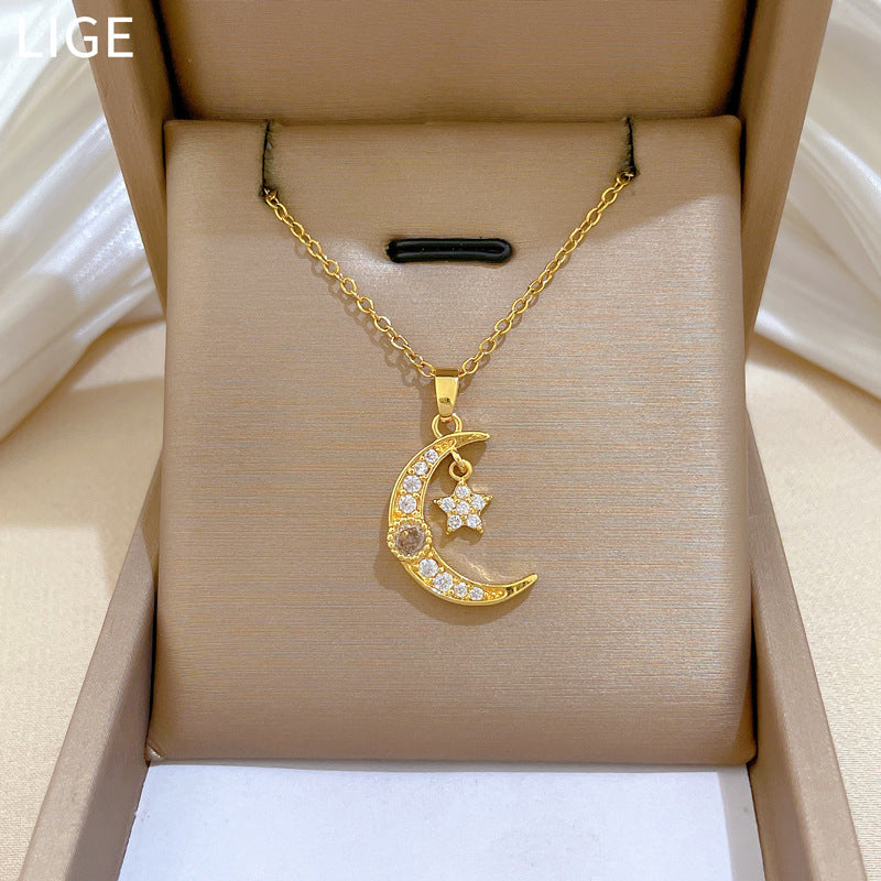 Sweet Star Moon Geometric Cubic Zirconia Titanium Steel Necklace for Unisex
