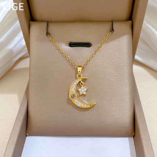 Sweet Star Moon Geometric Cubic Zirconia Titanium Steel Necklace for Unisex