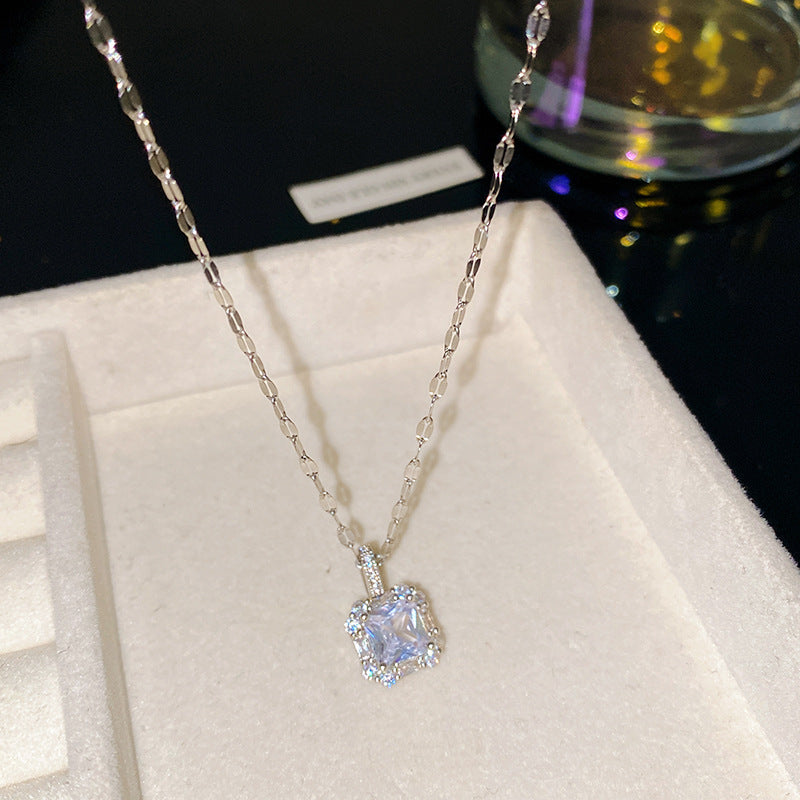 Sporty Sweet Square Fruit Emerald Cubic Zirconia Plated Titanium Steel Necklace with Brass Pendant Cable Chain