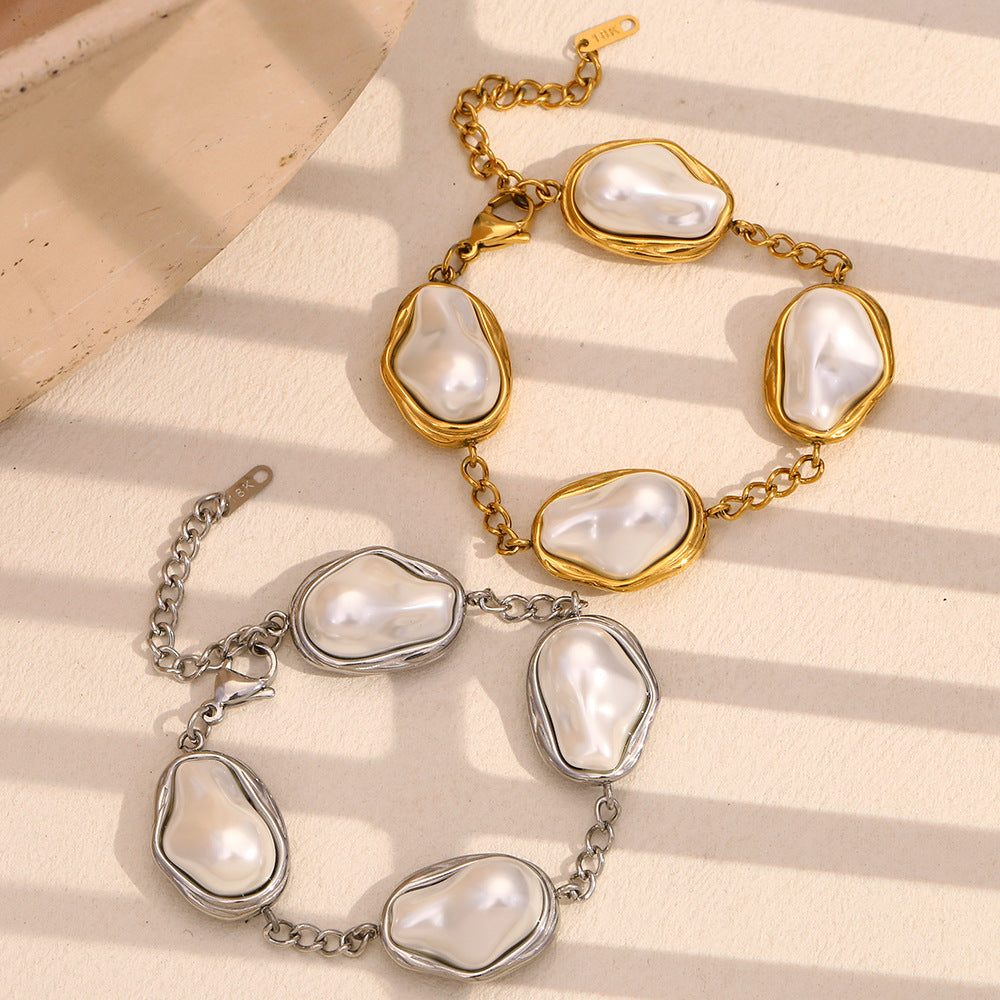 Fashionable Baroque Pearl Bracelet for Women in Stainless Steel with 18K Gold Plating, Geometric Ring Design