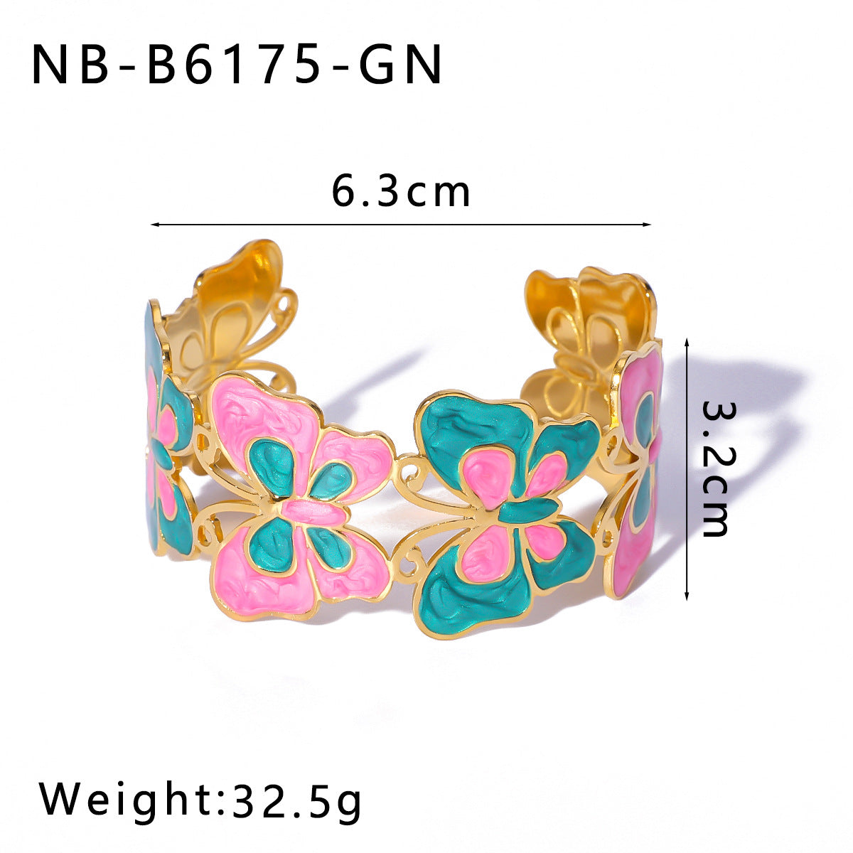 Bracciale rigido regolabile in acciaio inossidabile smaltato con placcatura in oro sottovuoto, motivo floreale geometrico e occhio di Fatima in stile vintage