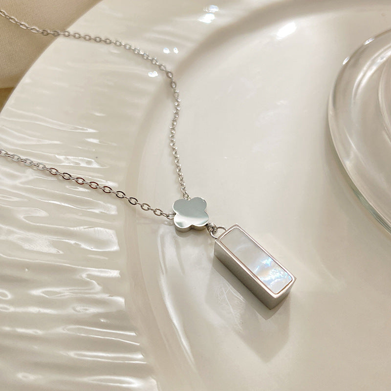 Luxury Gold Plated Titanium Steel Rectangle Four-Leaf Clover Necklace with White Shell Inlay for Unisex