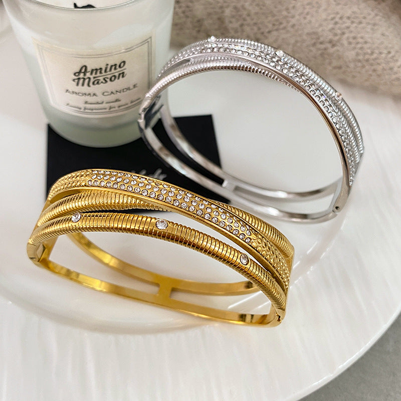 Three-Layer Cross Oval Geometric Cubic Zirconia Plated Titanium Steel Bracelet