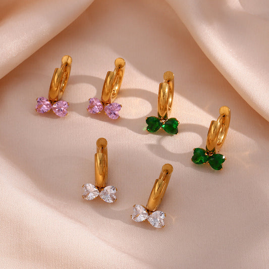 Pendientes de acero inoxidable en forma de lazo minimalistas con detalles de diamantes de imitación y acabado chapado para mujer