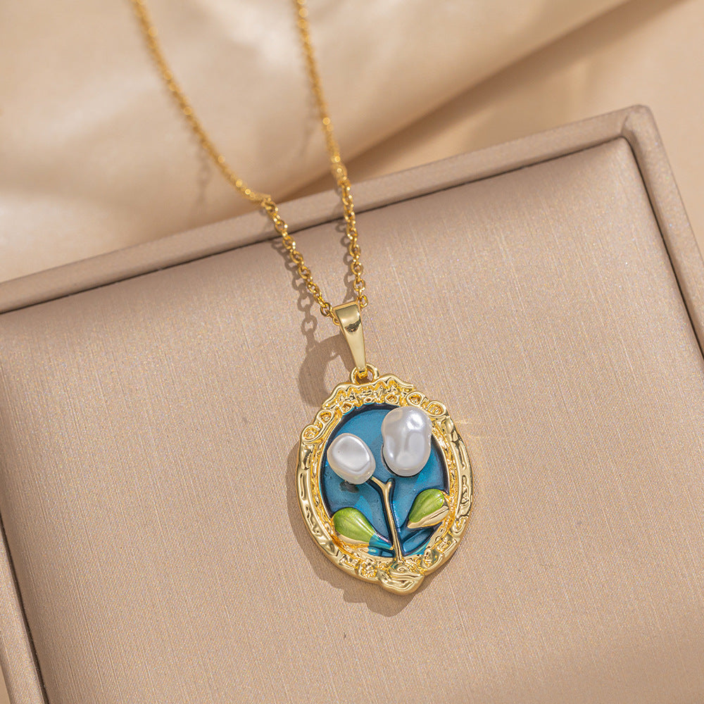 Elegant French Vintage Enamel Floral Pendant Necklace in Titanium Steel with Tulip Rose and Camellia Motifs on O-Chain