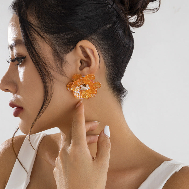Sweet Iridescent Floral Resin Earrings with Pearl Inlay for Women