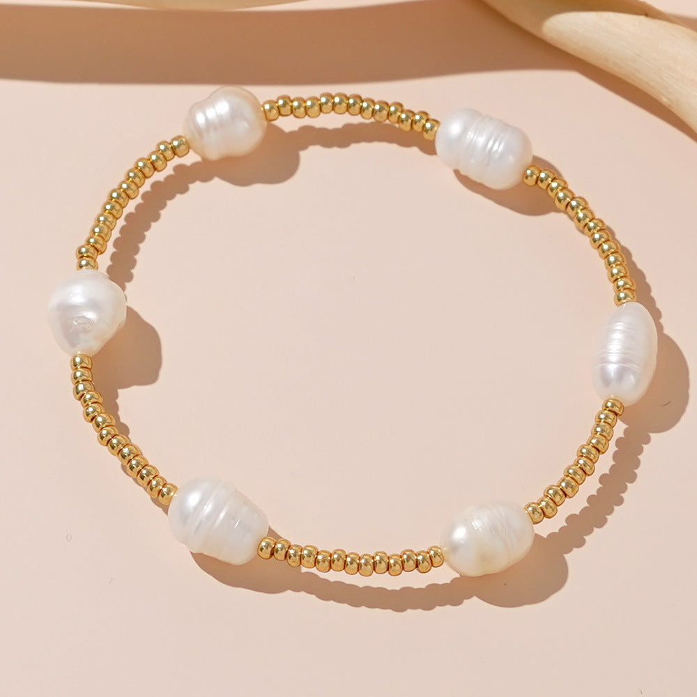 Sweet Geometric Oval Pearl Ball Chain Bracelet for Women