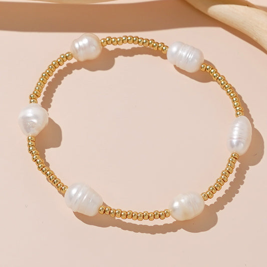 Sweet Geometric Oval Pearl Ball Chain Bracelet for Women