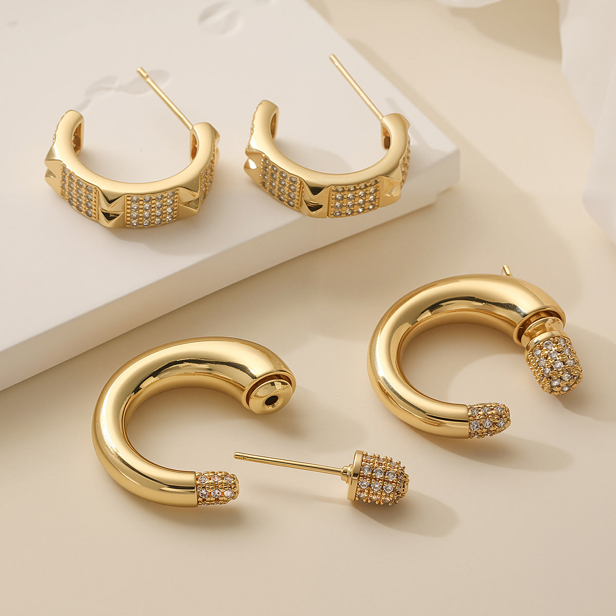 Minimalist Elegant Geometric Brass Gold Plated Cubic Zirconia Earrings for Women