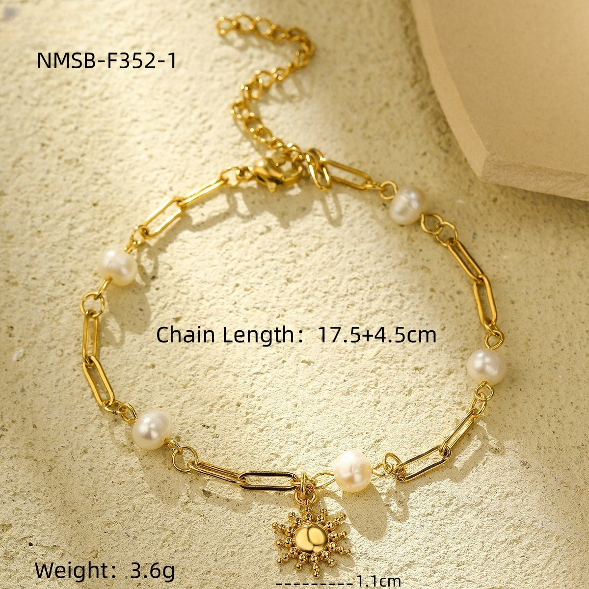 Pulsera de girasol y corazón de moda para mujer con acero inoxidable bañado en oro de 18K y cuentas de perlas