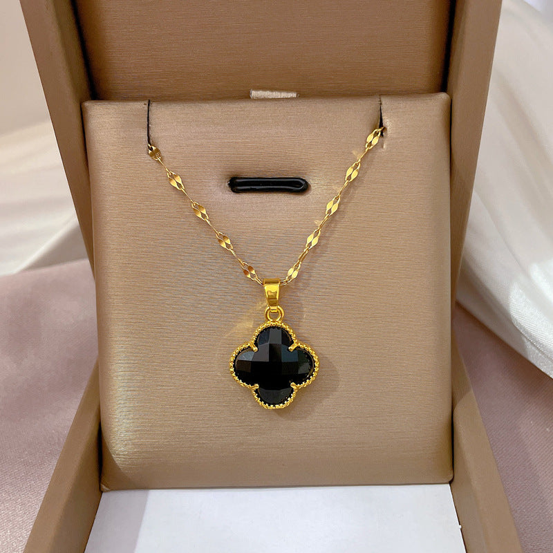 Minimalist Geometric Titanium Steel Clavicle Chain with Rhinestone Inlay and Copper Pendant