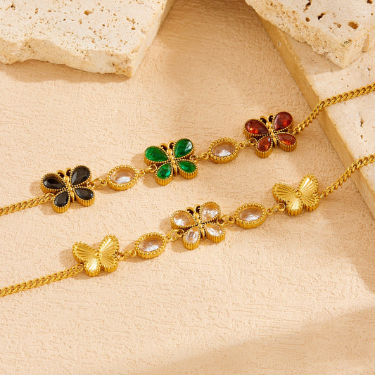 Fashion Elegant Oval Butterfly Rhinestone Gold Plated Stainless Steel Bracelet for Women