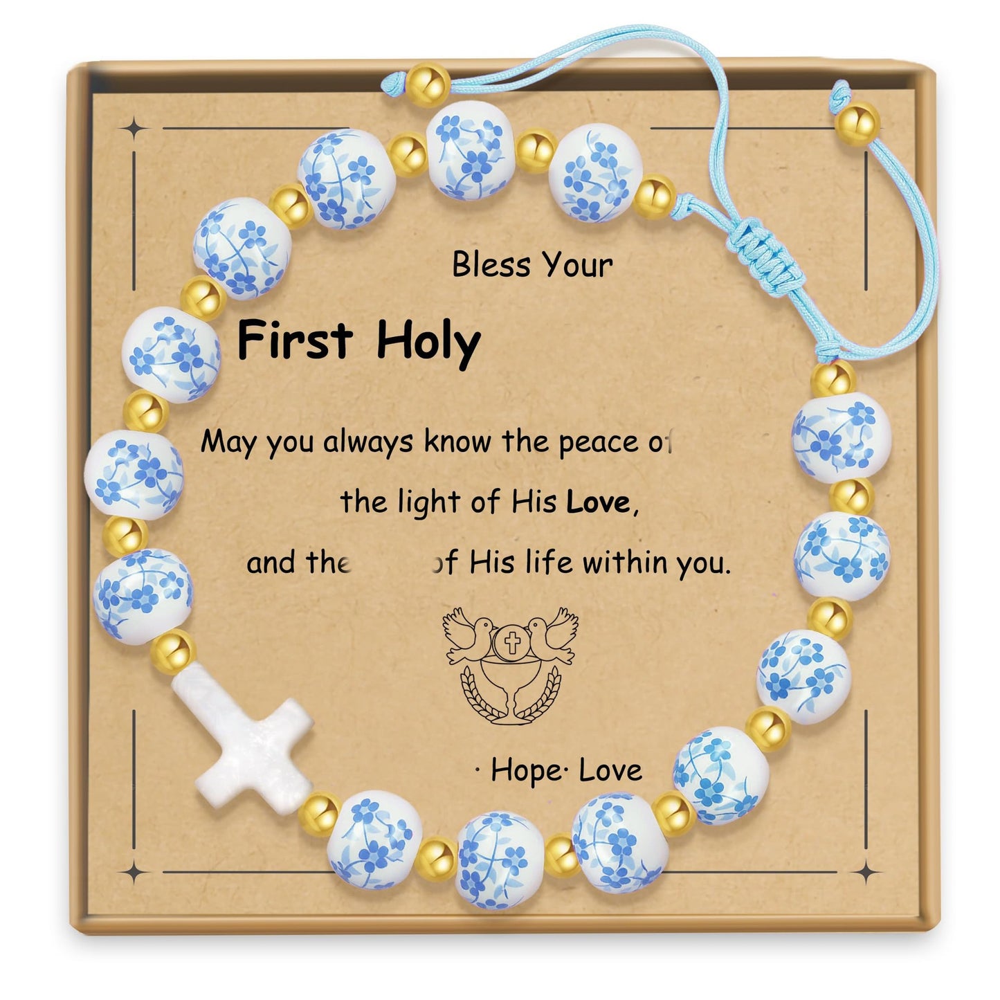 Vintage Elegant Ceramic Cross Charm Bar Bracelet with Floral Pattern and Gold Spacer Beads for Women