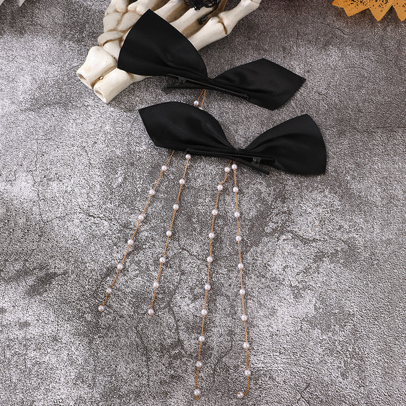 Natural Style Bow-Shaped Hair Clip for Girls with Tassel and Pearl Accents, Resin Plastic Duckbill Clamp for Halloween and Everyday Wear