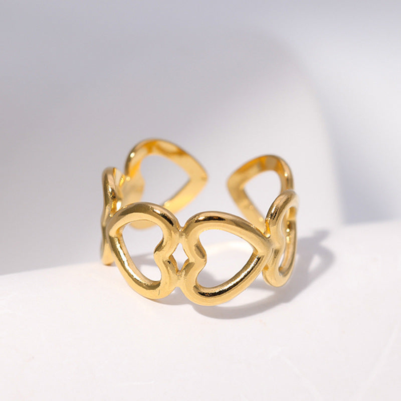 Minimalist Titanium Steel Leaf and Heart Shape Open Ring for Women with Plated Finish