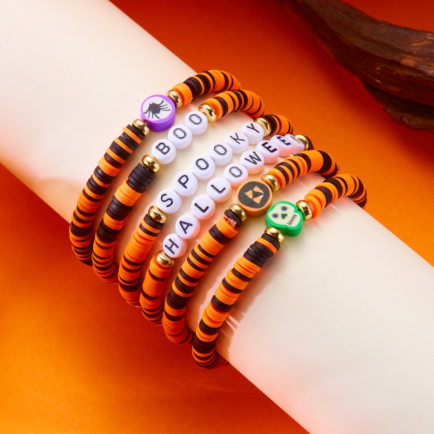 Cartoon Halloween Themed Handmade Alloy Bracelet with Pumpkin and Skull Charms for Women Geometric Letter Design