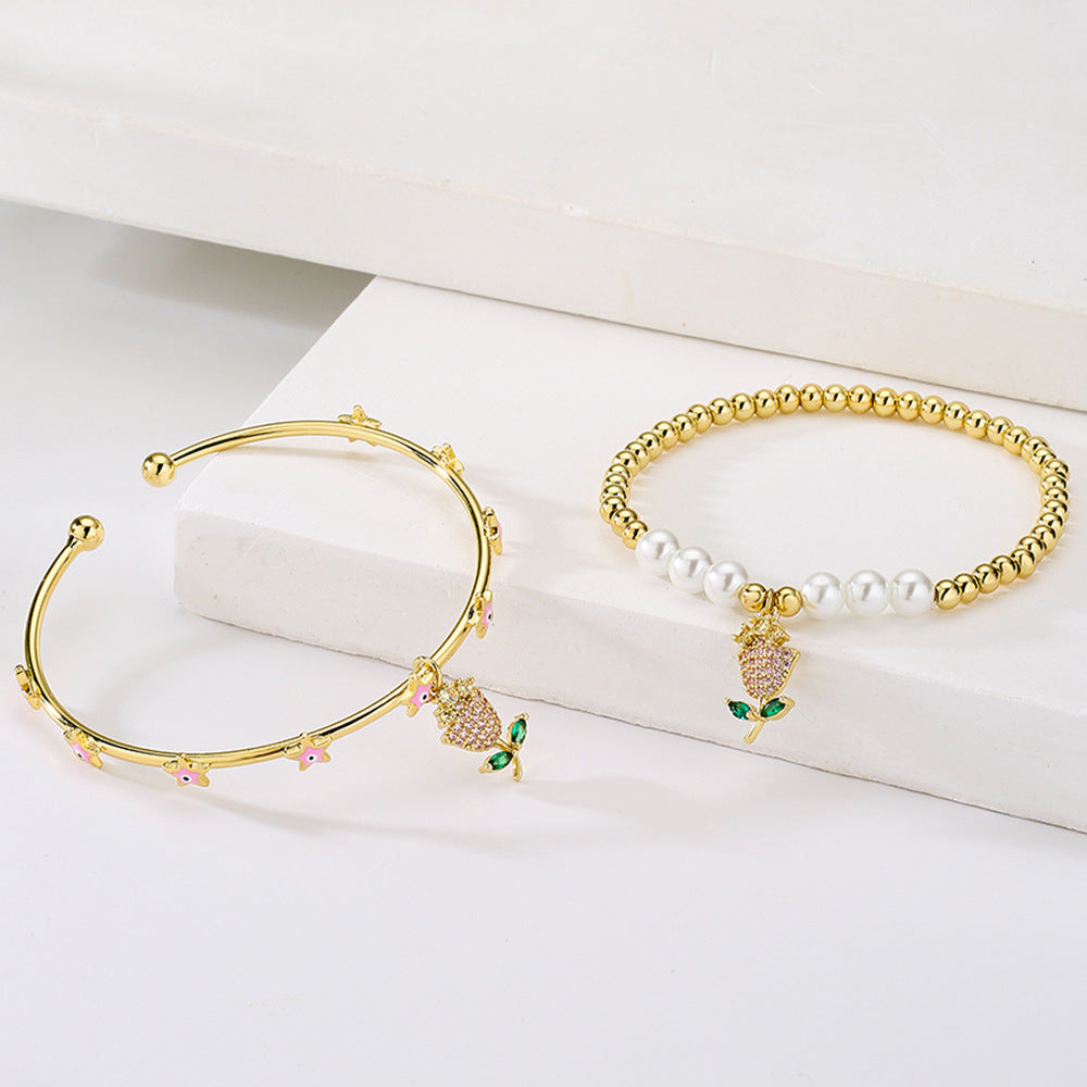 Bracciale rigido in rame placcato oro 18 carati smaltato con occhio in stile vintage e ciondolo a fiore di zirconi