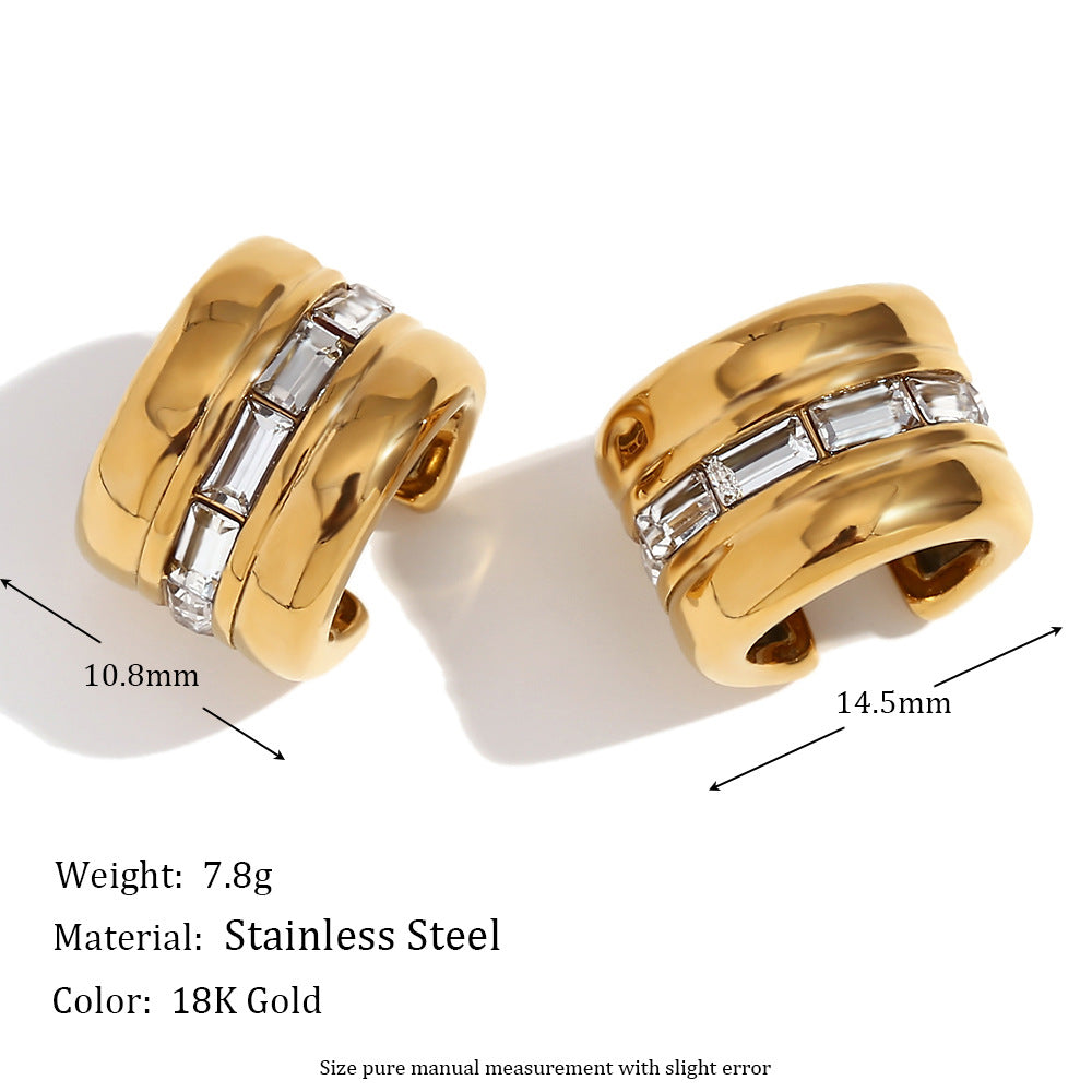 Fashionable Geometric Stainless Steel 18K Gold Plated Micro-Paved Rhinestone Clip-On Earrings for Women