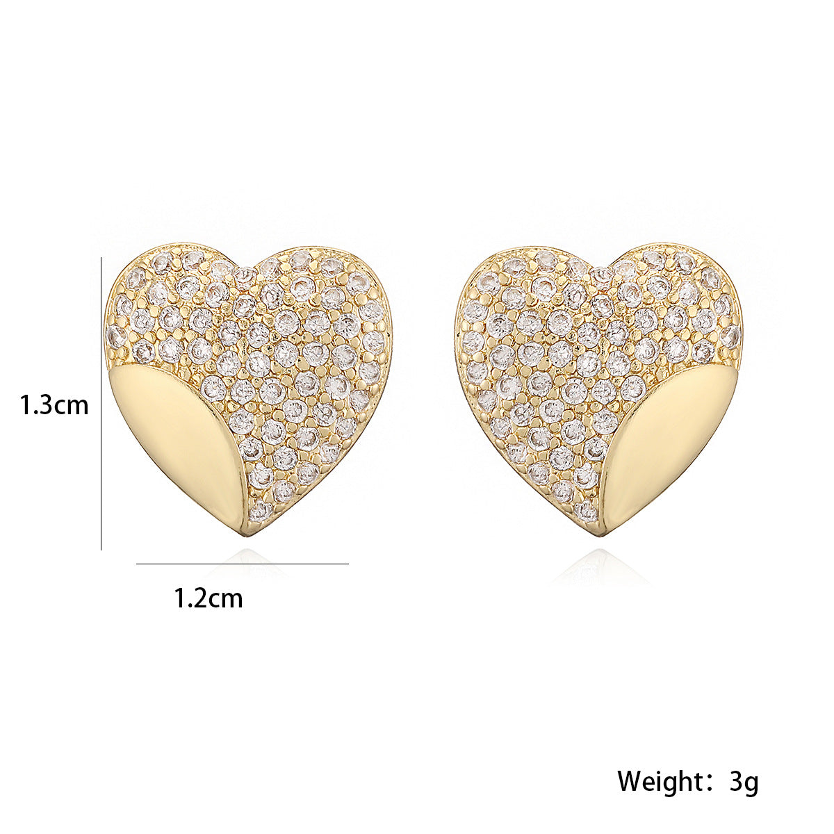 Minimalist Luxury 18K Gold Plated Brass Heart Stud Earrings with Cubic Zirconia
