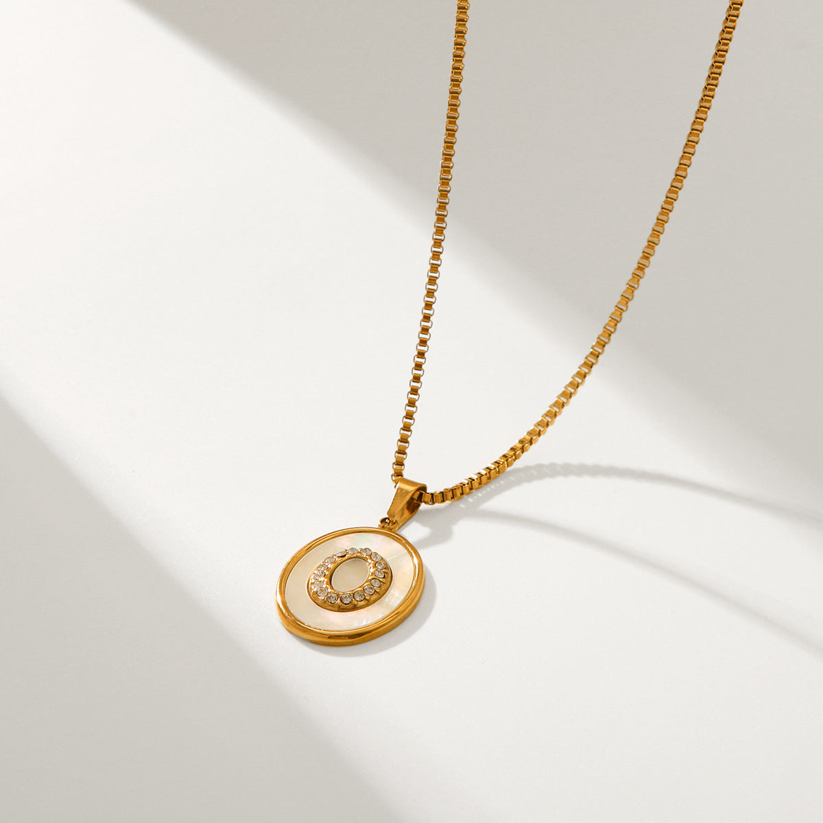 Trendy Geometric 18K Gold Plated Stainless Steel Necklace with White Mother of Pearl Inlay Box Chain