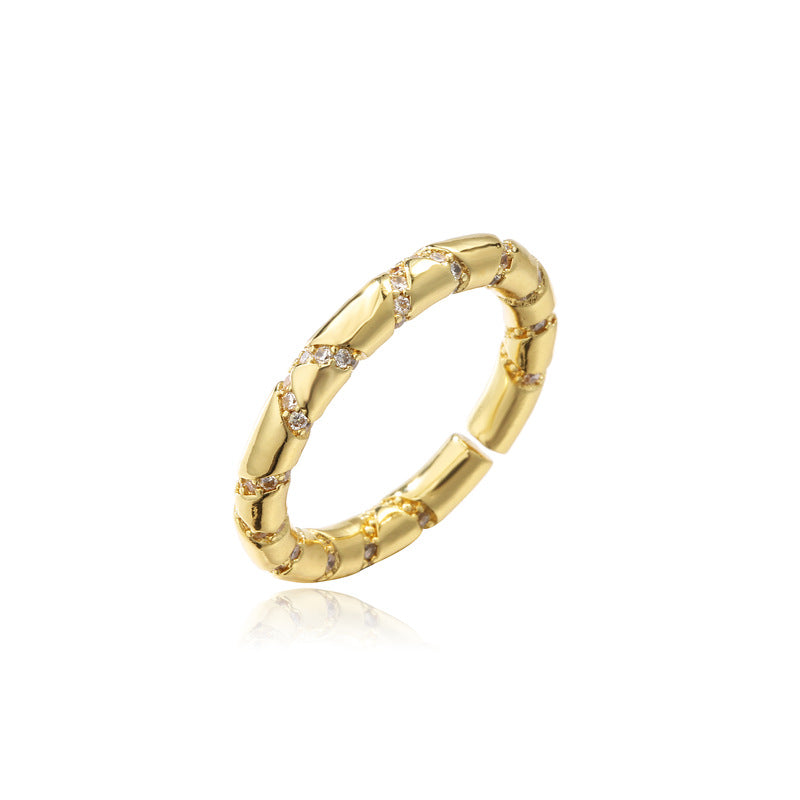 18K Gold Plated Geometric Brass Ring with Micro-Inlaid Cubic Zirconia for Women