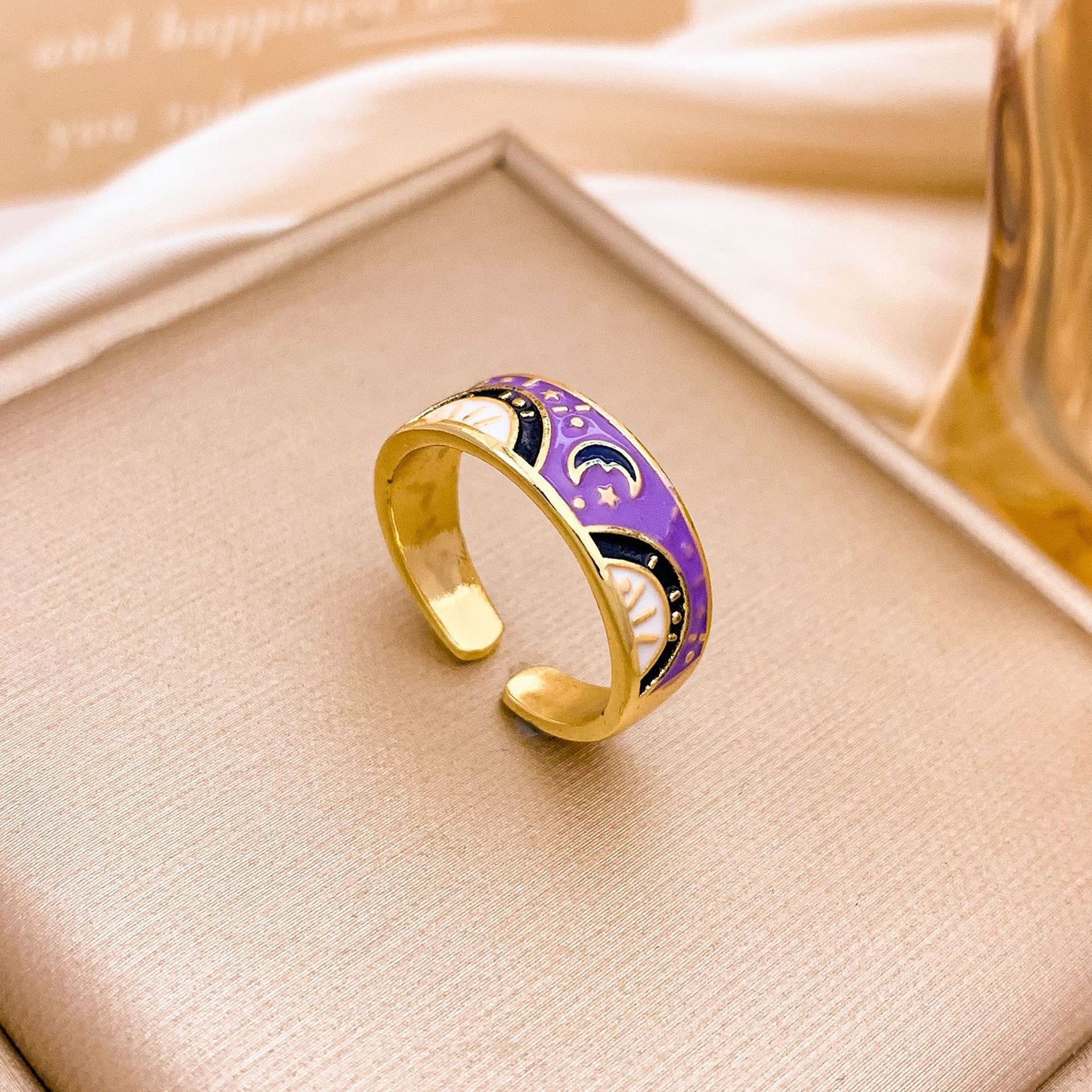 Sweet Minimalist Gold Plated Alloy Ring with Star Moon and Floral Design for Women