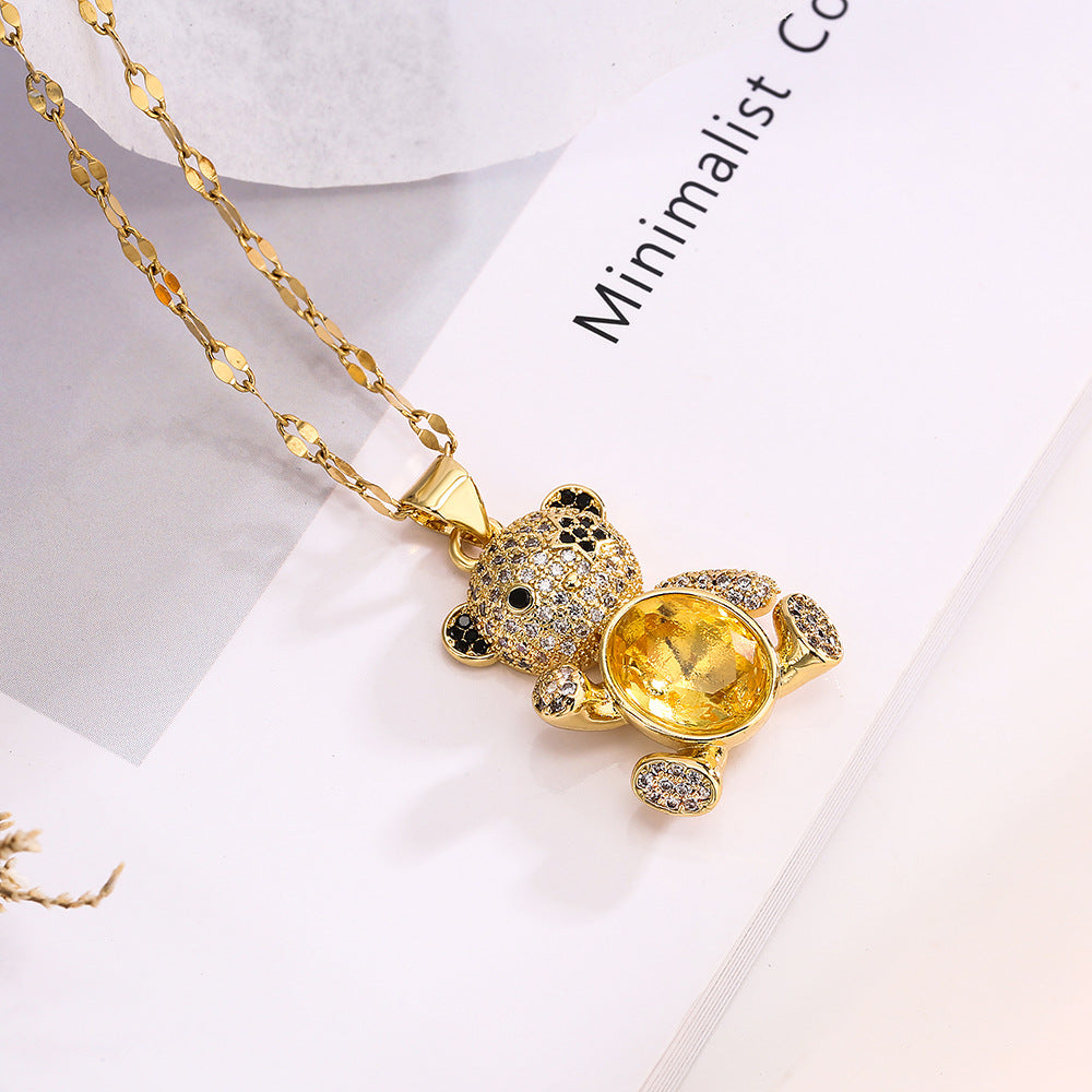 Cute Minimalist Bear-Shaped Copper Necklace with Real Gold Plating and Zircon Inlay for Women