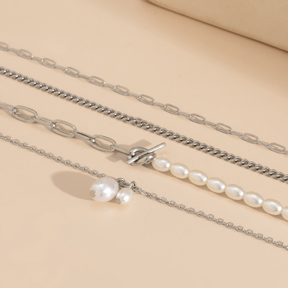 Minimalist Geometric Alloy Anklet Set with Hollow-Out OT Clasp and Imitation Pearl Beads for Women