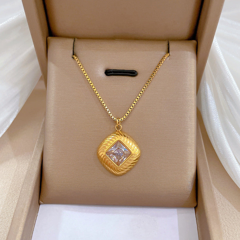 Minimalist Geometric Square Zirconia Titanium Steel Necklace for Women with Gold Plating and Beveled Edges