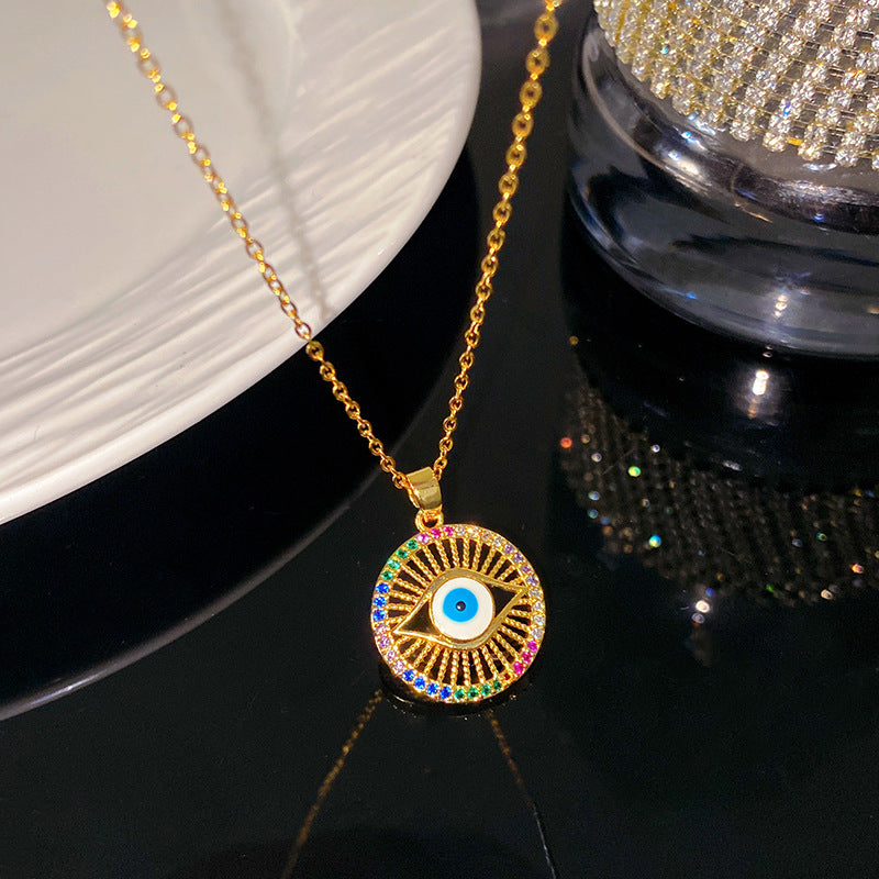 Sporty Sweet Evil Eye Floral Pendant Titanium Steel Necklace with Cable Chain