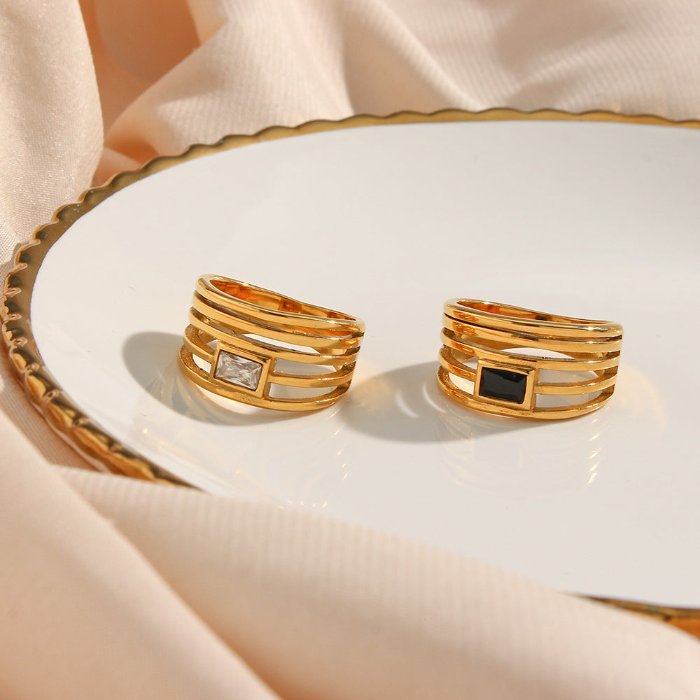 Minimalist Geometric Stainless Steel Ring with 18K Gold Plating and Hollow-Out Design Set with Zircon Inlays