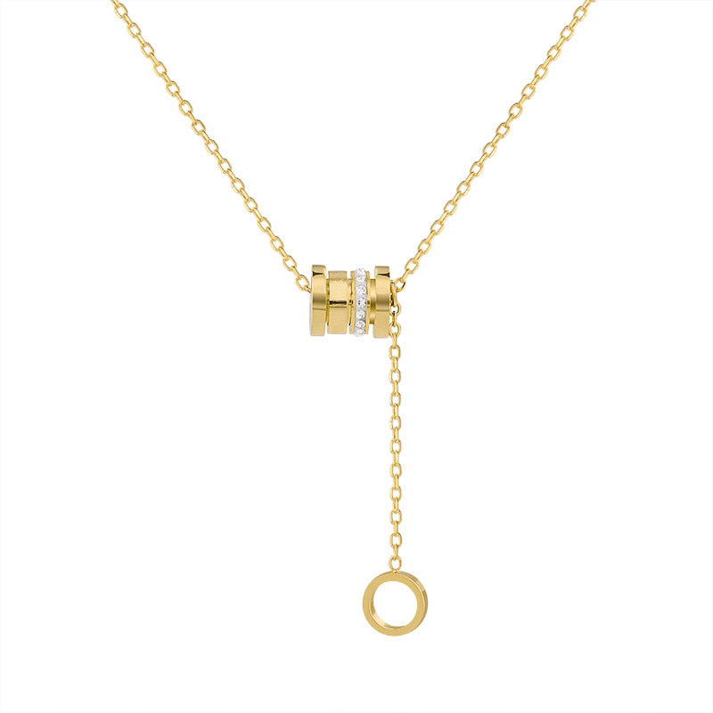 Minimalist Titanium Steel Geometric Pendant Necklace for Women Short Clavicle Chain with Rhinestone Inlay Fashion Office Wear