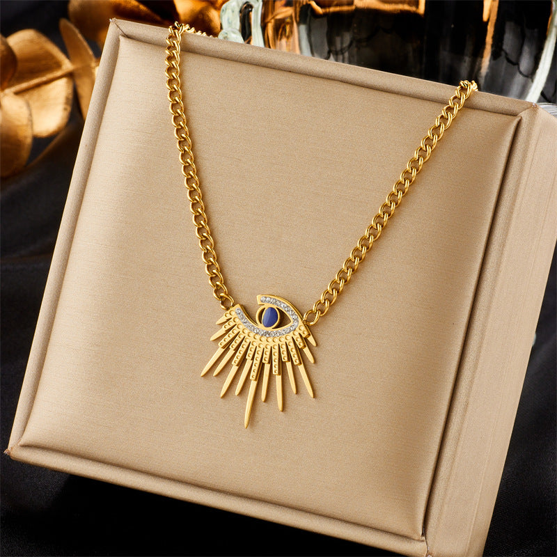 Irregular Sun Demon Pendant Necklace with Blue Enamel Eyes and Rhinestone Inlay in Titanium Steel for Women