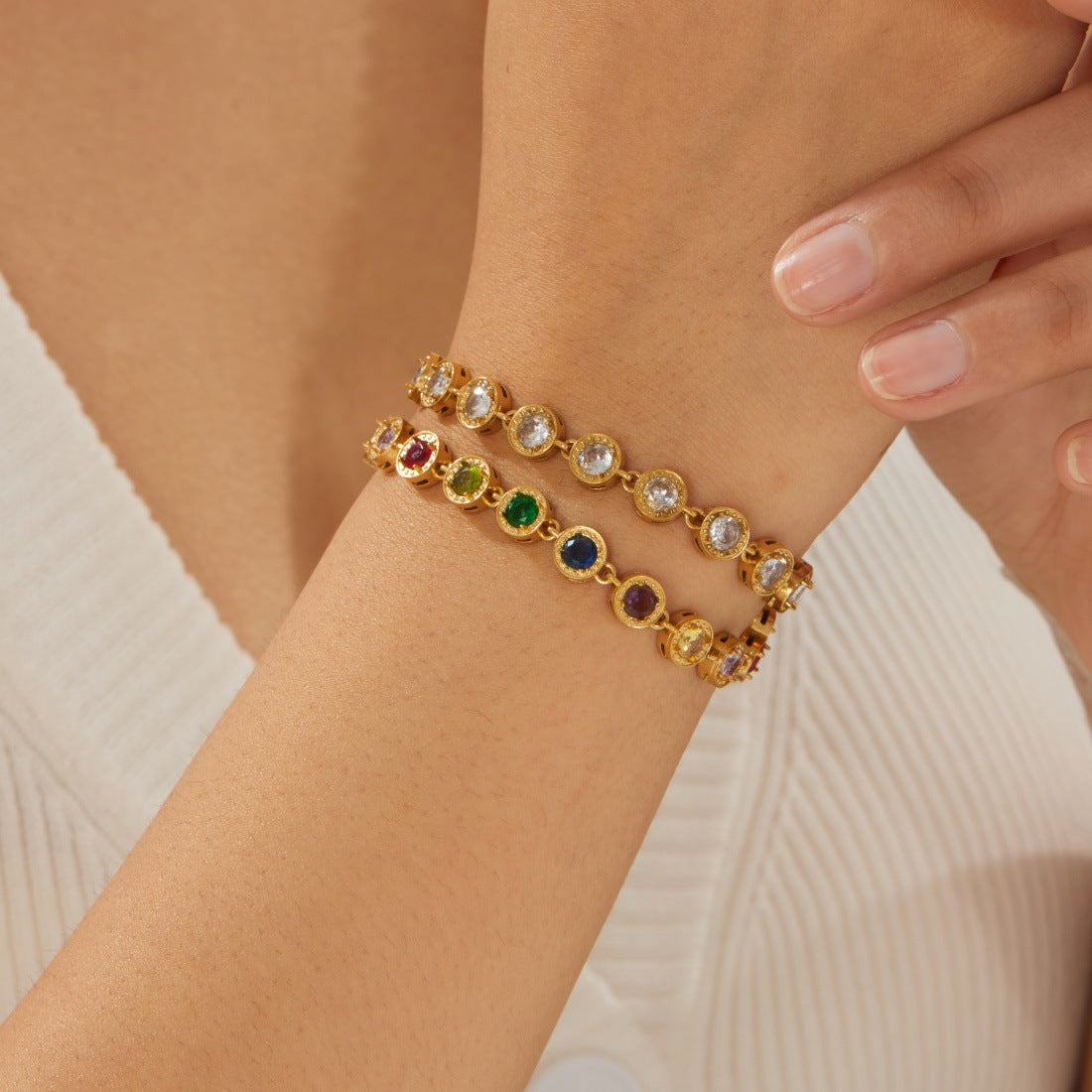 Minimalist Elegant Round Geometric Rhinestone Glass Bead Gold Plated Stainless Steel Bracelet for Women