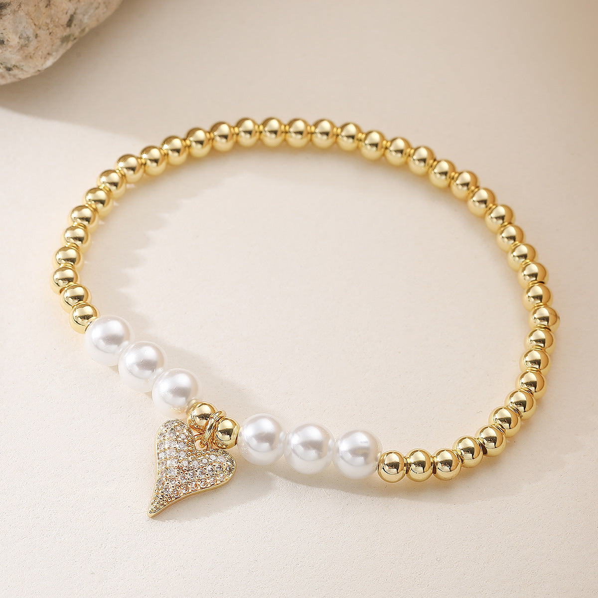 Elegant 18K Gold Plated Heart Geometric Stainless Steel Brass Pearl Cubic Zirconia Bracelet for Women