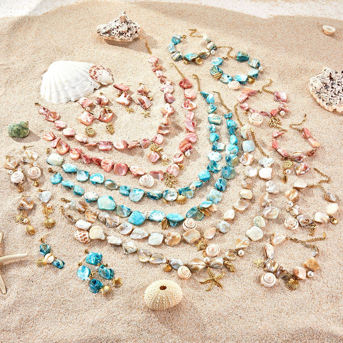 Fashionable Ocean-Themed Stainless Steel Plated Clavicle Necklace Set with Starfish and Coral Motifs for Women