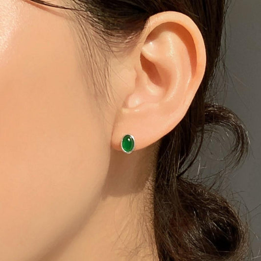 Orecchini a perno geometrici minimalisti ovali in agata verde in argento sterling 925 placcato oro