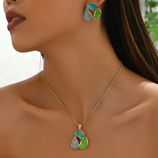 Fashionable Floral Petal and Leaf Design Copper Long Necklace with Matching Earrings for Women