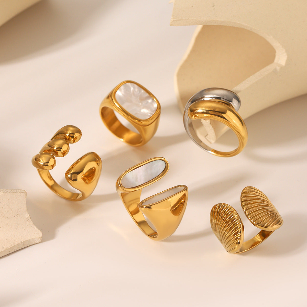 Minimalist Waterdrop-Shaped Stainless Steel Ring with Abalone Inlay for Women, Electroplated Hypoallergenic Fashion Jewelry