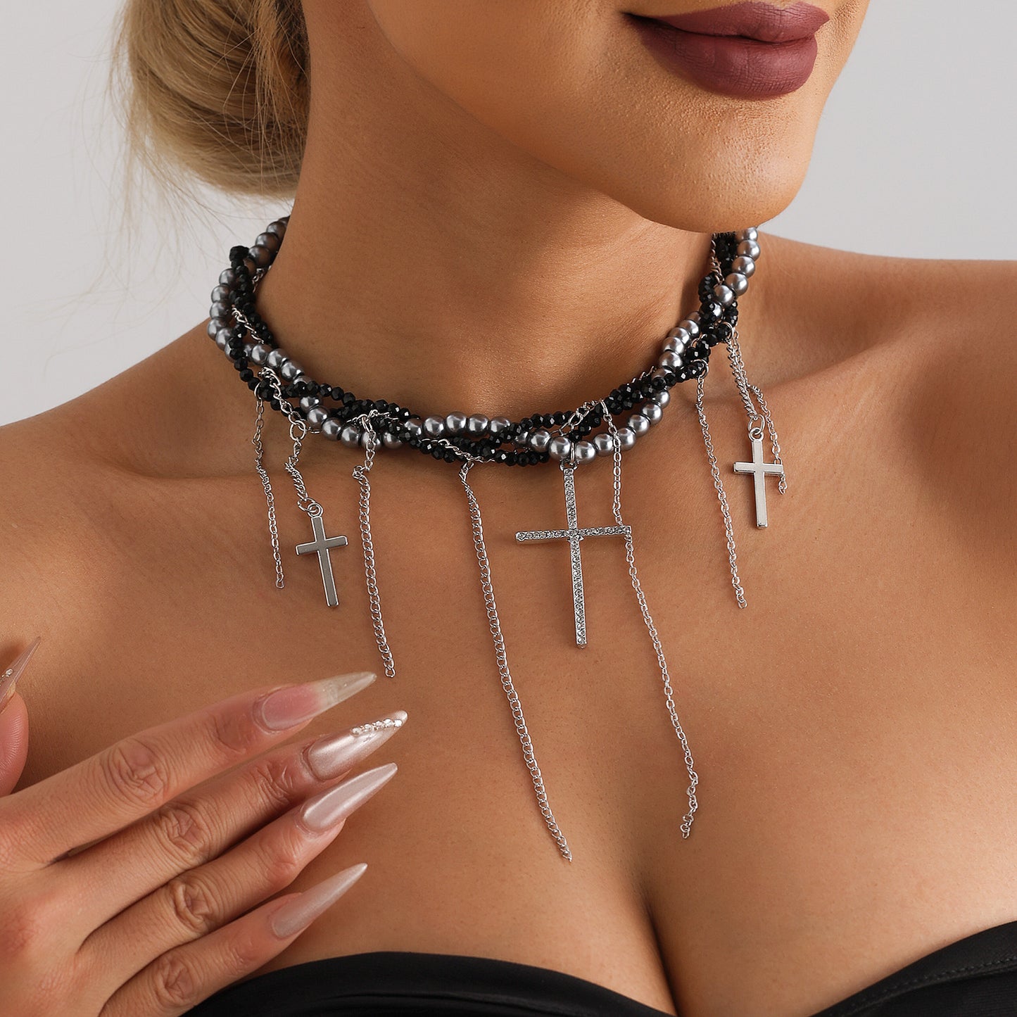 Fashionable Cross Pendant Necklace with Tassel and Glass Beads on Delicate Alloy Locket Chain for Women
