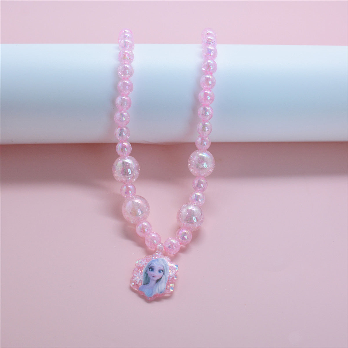 Cartoon Elsa Princess Necklace Set for Kids with Resin Pendant on Beaded Chain Adjustable for Ages 0-10 Years