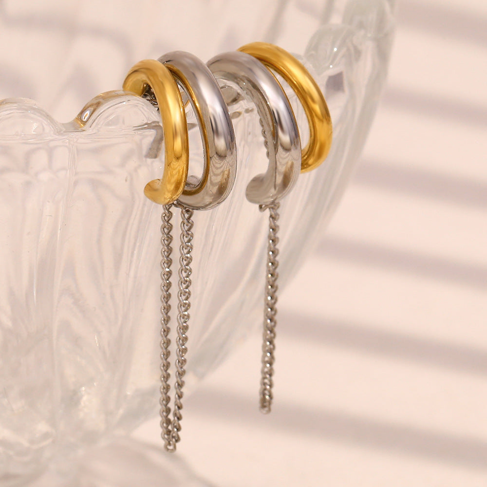 Minimalist Geometric Stainless Steel Earrings with 18K Gold Plating Dual-Tone Chain Design for Women