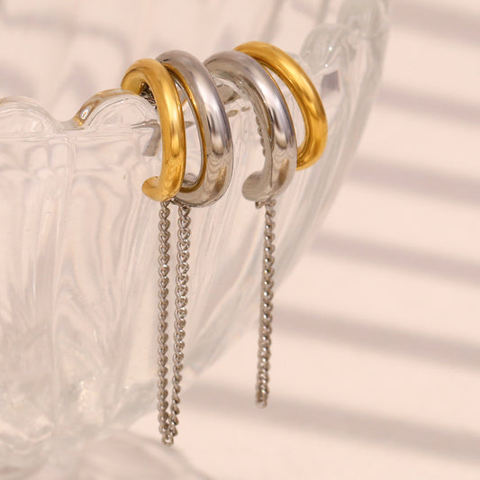 Orecchini geometrici minimalisti in acciaio inossidabile con placcatura in oro 18 carati e design a catena bicolore da donna