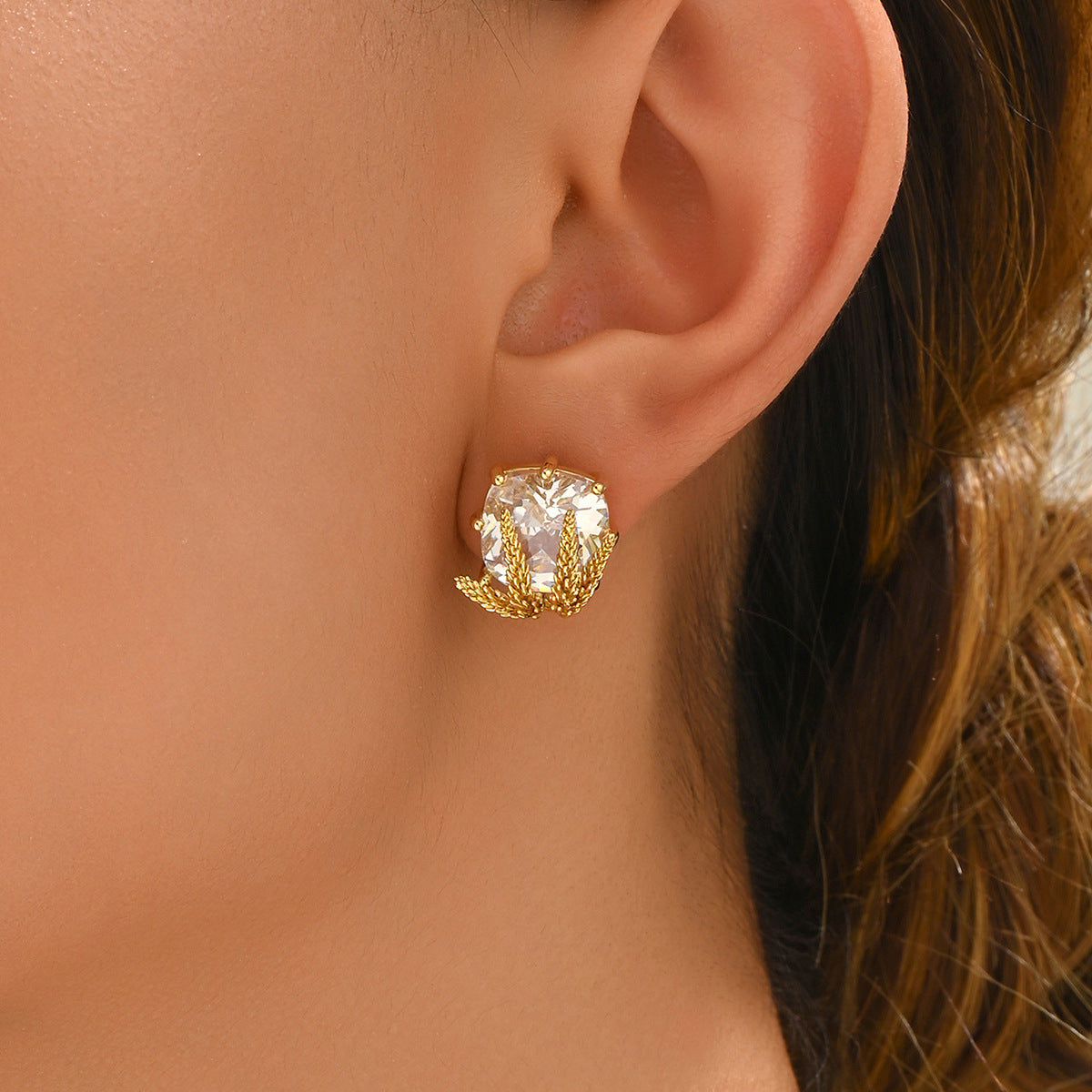 Pendientes de Cobre en Forma de Espiga Minimalistas con Incrustaciones de Circonita para Mujer