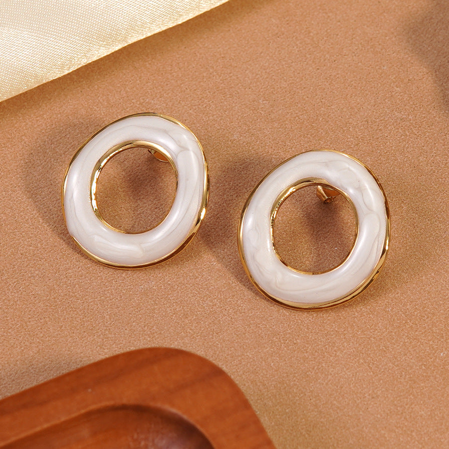 Casual Round Geometric Drip Oil Stainless Steel Stud Earrings for Women